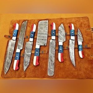 Custom handcrafted Damascus steel chef knife set